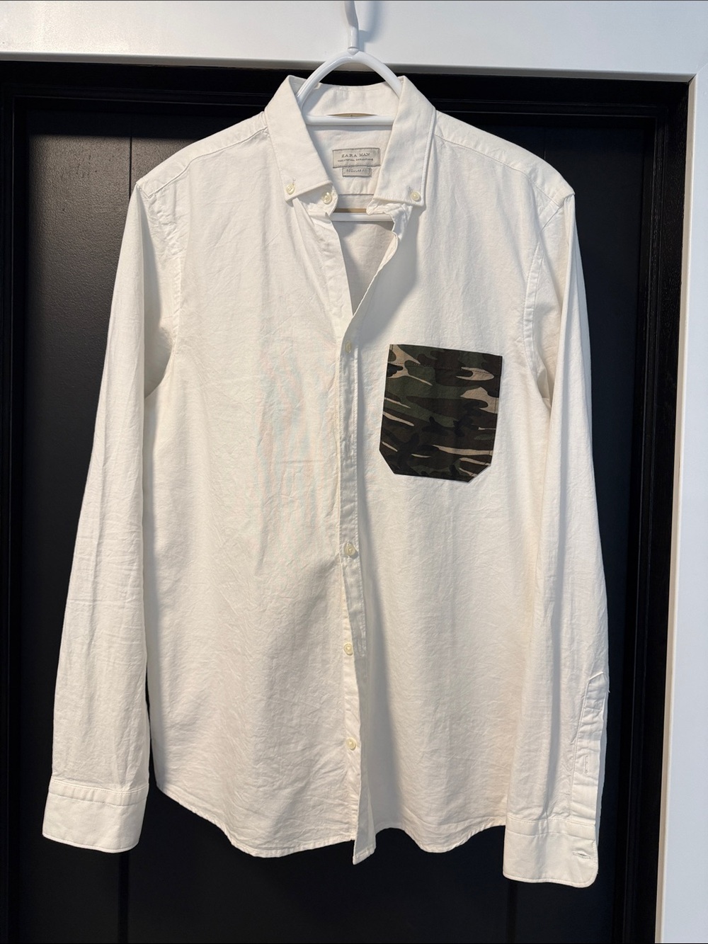 Zara White Button-Down Shirt with Camouflage Chest Pocket
